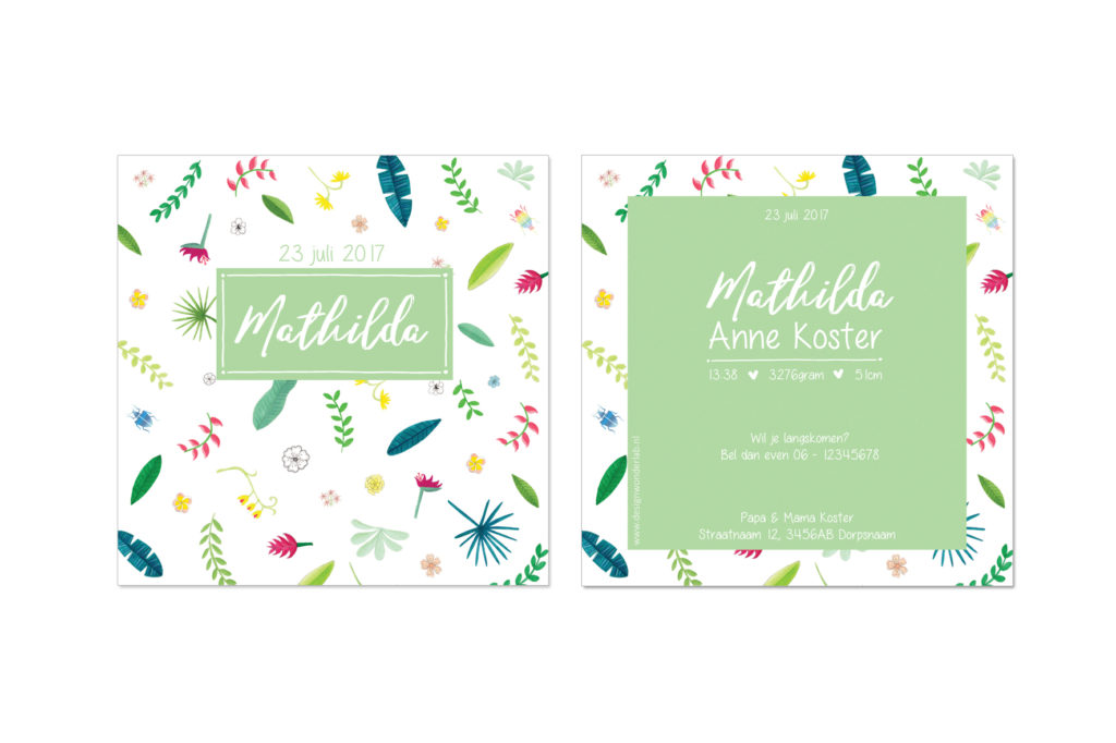 botanisch geboortekaartje mintgroen Mathilda