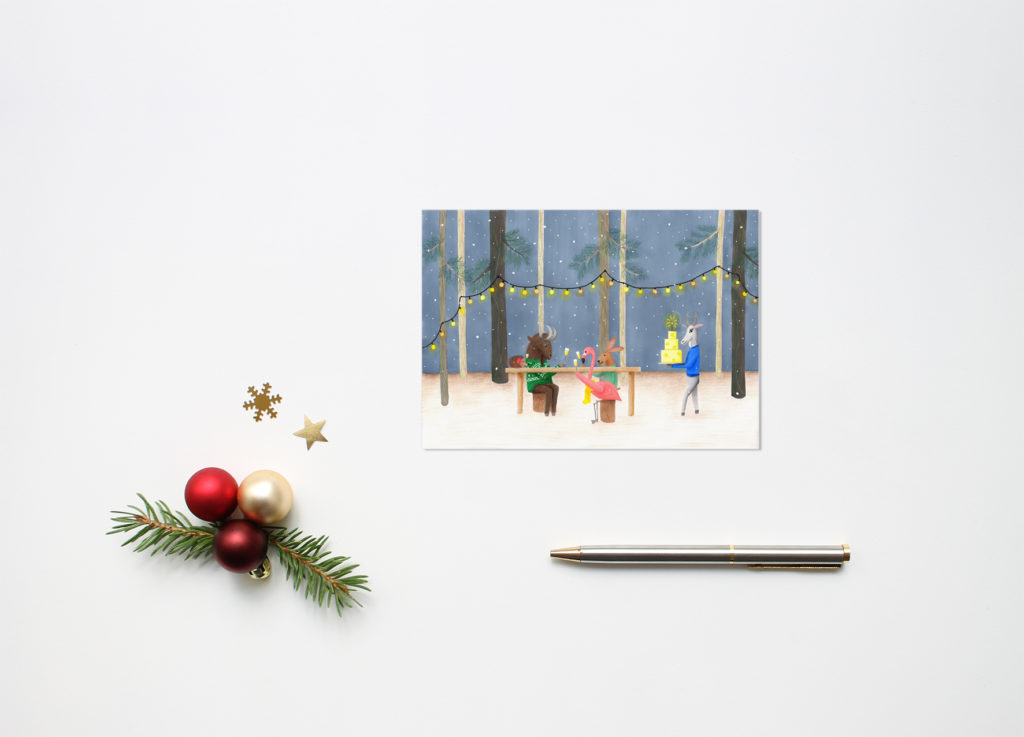 dieren kerstkaart illustratie